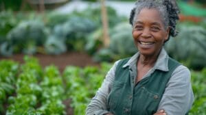 Farmers Averaging - lady standing in forefront of a field of healthy crops