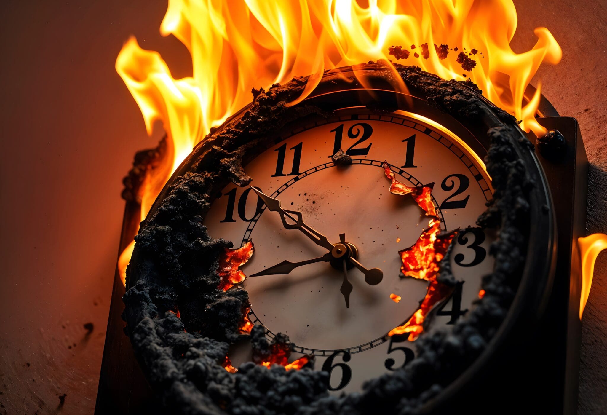 Close-up of an antique clock engulfed in flames, its face being consumed as time burns away. Clock burning image. time passing. getting old Time consuming audit and assurance processes? Not with Lewis Brownlee